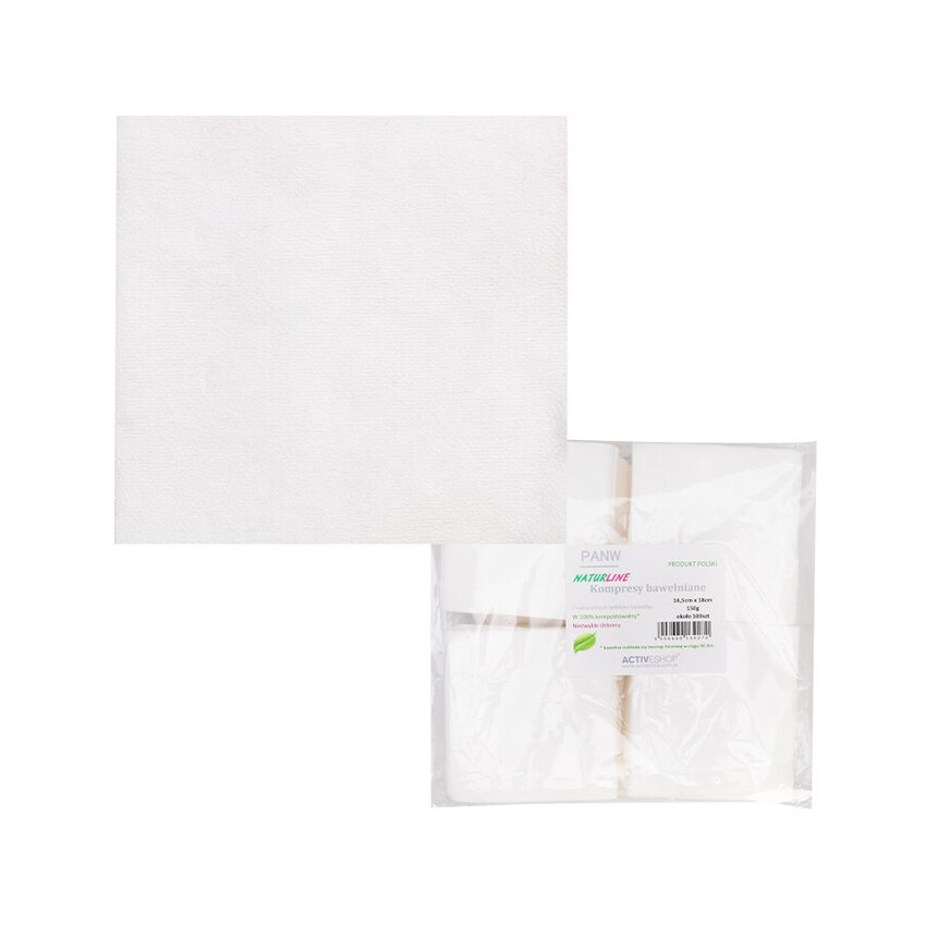 Naturline bomuldskompresser 16,5 x 18 cm – kosmetiske engangskompresser, hvide, 150 g