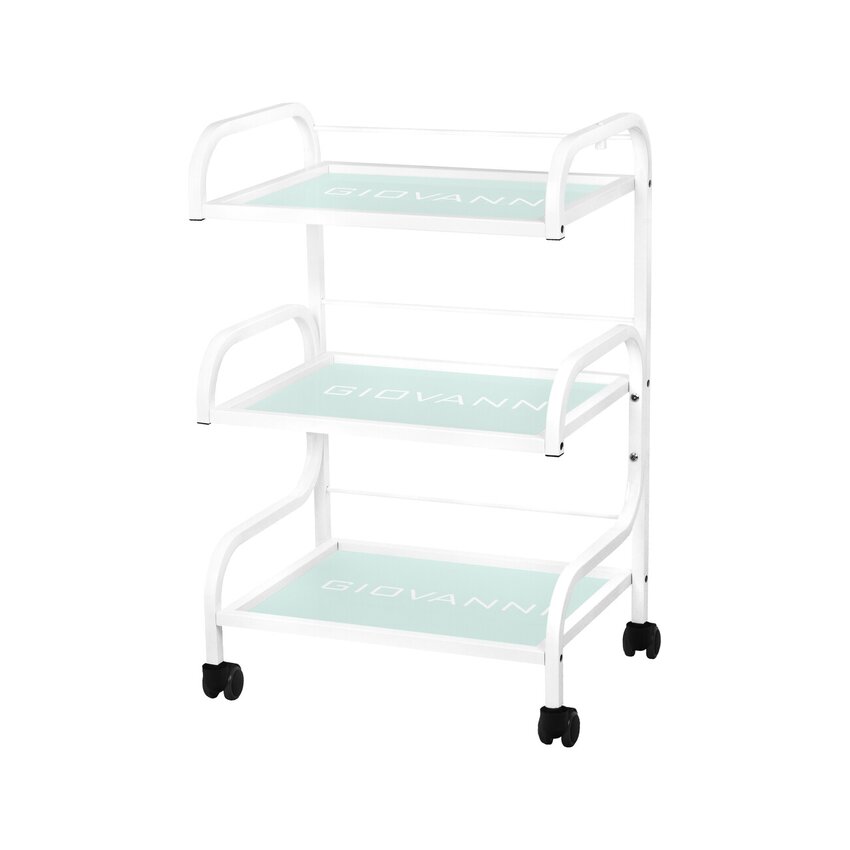 Kosmetikbord type 1014 Giovanni – apparatbord med 3 glashylder og hjul, hvid